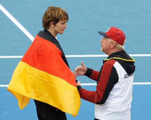 Boris Becker spricht mit ALEXANDER ZVEREV (GER) nach dem Sieg, Davis Cup AUS_GER, Pat Rafter Arena, Brisbane Tennis - Davis Cup 2018 - ITF Davis Cup - Pat Rafter Arena - Brisbane - - Australia - 4 February 2018. Copyright: xJuergenxHasenkopfx