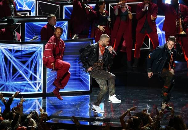 Justin Timberlake performs during the Super Bowl LII halftime show at U.S. Bank Stadium in Minneapolis, Minnesota on February 4, 2018. The Eagles will be seeking their first title while the Patriots will be after their sixth Super Bowl win.  SBP2018020445 TASOSxKATOPODIS