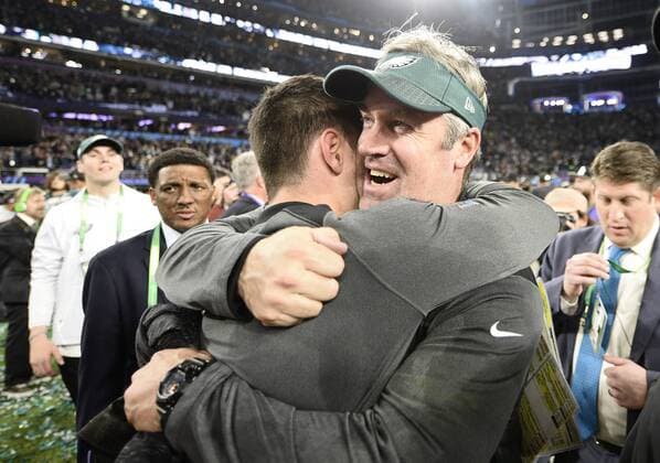 Philadelphia Eagles head coach Doug Pederson celebrates their 41-33 win over the New England Patriots during Super Bowl LII at U.S. Bank Stadium in Minneapolis, Minnesota on February 4, 2018. The Eagles secured their first Super Bowl victory.  SBP20180204898 BRIANxKERSEY
