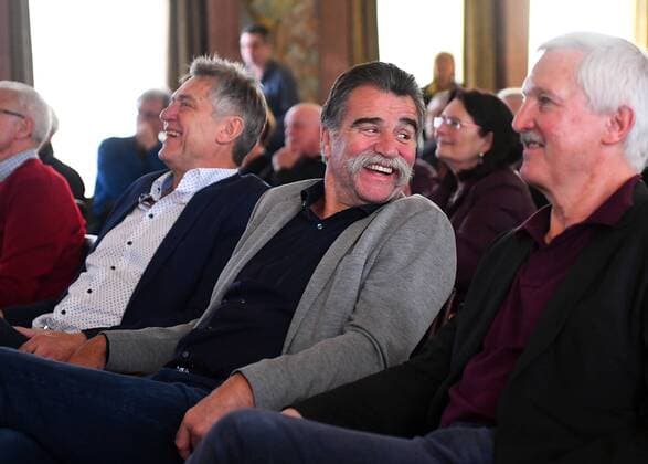 05.02.2018, xjhx, Handball, Empfang der Weltmeister von 1978 in Aschaffenburg, emspor v.l. Kurt Kluehspies, Heiner Brand, Horst Spengler (Kapitaen WM Team) Aschaffenburg