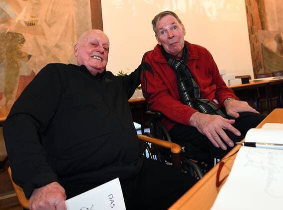 05.02.2018, xjhx, Handball, Empfang der Weltmeister von 1978 in Aschaffenburg, emspor v.l. Trainer Vlado Stenzel, Joachim Deckarm Aschaffenburg