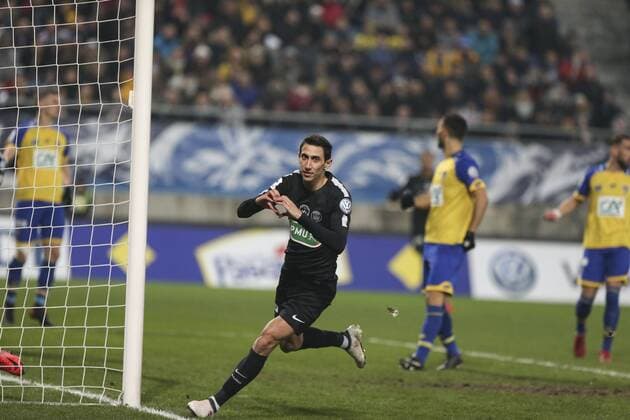 February 6, 2018 - Sochaux, France - Joy for Angel Di Maria of PSG after he puts his side 3-1 ahead during the French Cup match between Sochaux and Paris Saint Germain at Stade Auguste Bonal on February 6, 2018 in Montbeliard, France. Sochaux v Paris Saint Germain - French Cup  - ZUMAn230 20180206_zaa_n230_518 Copyright: xElyxandroxCegarrax