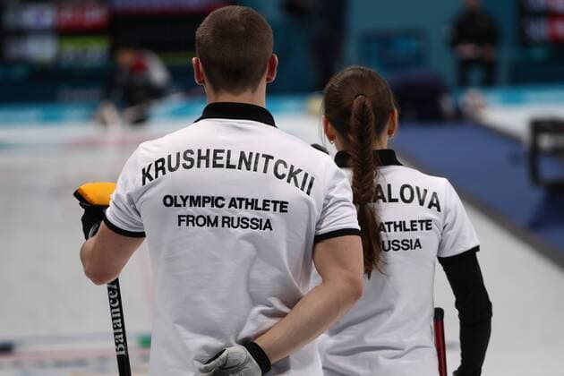 GANGNEUNG, SOUTH KOREA - FEBRUARY 10, 2018: Olympic Athletes from Russia Anastasia Bryzgalova (R) and Aleksandr Krushelnitckii compete against South Korea in Session 5 of the Mixed Doubles Round Robin curling competition at the 2018 Winter Olympic Games Olympische Spiele Olympia OS at Gangneung Curling Centre. The Olympic Athletes from Russia won 6-5. Valery Sharifulin TASS  TS073163