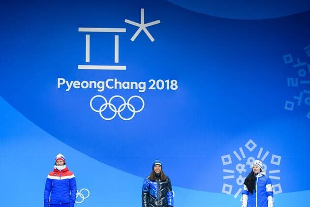 180210 Silver medalist Marit Bj¿rgen of Norway, gold medalist Charlotte Kalla of Sweden and bronze medalist Krista Pärmäkoski of Finland at the medal ceremony for the Women s Skiathlon during the 2018 Winter Olympics on February 10, 2018 in Pyeongchang. Photo: Jon Olav Nesvold BILDBYRN kod JE 160152ö Copyright: JONxOLAVxNESVOLD BB180210BB240