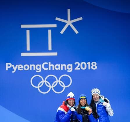 180210 Silver medalist Marit Bj¿rgen of Norway, gold medalist Charlotte Kalla of Sweden and bronze medalist Krista Pärmäkoski of Finland at the medal ceremony for the Women s Skiathlon during the 2018 Winter Olympics on February 10, 2018 in Pyeongchang. Photo: Jon Olav Nesvold BILDBYRN kod JE 160152ö Copyright: JONxOLAVxNESVOLD BB180210BB243