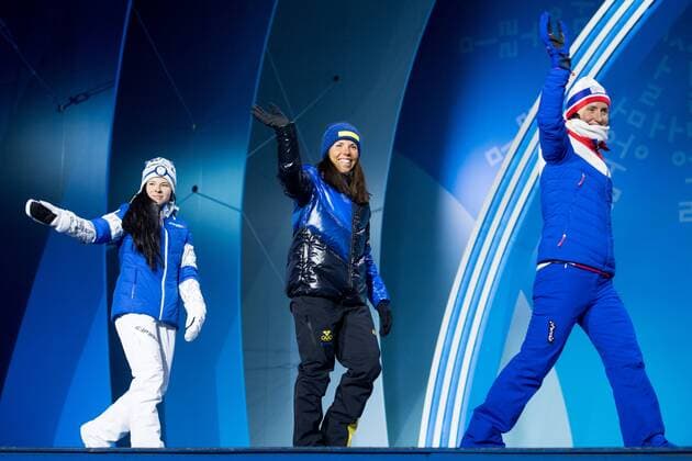 180210 Bronze medalist Krista Pärmäkoski of Finland, gold medalist Charlotte Kalla of Sweden and silver medalist Marit Bj¿rgen of Norway at the medal ceremony for the Women s Skiathlon during the 2018 Winter Olympics on February 10, 2018 in Pyeongchang. Photo: Jon Olav Nesvold BILDBYRN kod JE 160152 Copyright: JONxOLAVxNESVOLD BB180210BB298