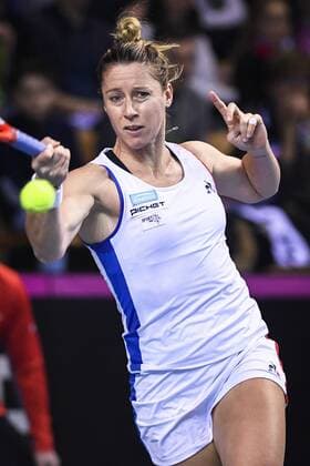 French Pauline Parmentier pictured in action during a tennis game between French Pauline Parmentier WTA Tennis Damen 91) and Belgian Elise Mertens (WTA 20), the first rubber of this weekend s Fed Cup World Group Round 1 meeting between France and Belgium in La Roche-sur-Yon, France, Saturday 10 February 2018. LAURIExDIEFFEMBACQ  x05293552x