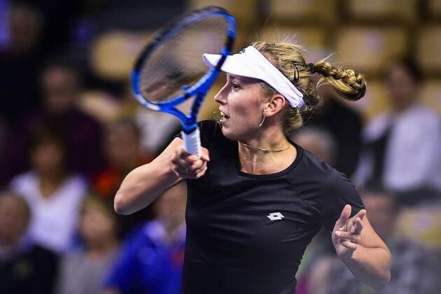 Belgian Elise Mertens pictured in action during a tennis game between French Pauline Parmentier WTA Tennis Damen 91) and Belgian Elise Mertens (WTA 20), the first rubber of this weekend s Fed Cup World Group Round 1 meeting between France and Belgium in La Roche-sur-Yon, France, Saturday 10 February 2018. LAURIExDIEFFEMBACQ  x05293546x