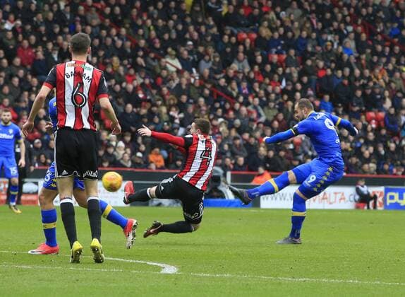 10th February 2018, Bramall Lane, Sheffield, England; EFL Championship football, Sheffield United versus Leeds United; Pierre-Michel Lasogga of Leeds United fires a shot on goal  ActionPlus11983989