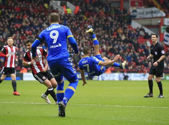 10th February 2018, Bramall Lane, Sheffield, England; EFL Championship football, Sheffield United versus Leeds United; Kemar Roofe of Leeds United tries an overhead kick on goal  ActionPlus11983990