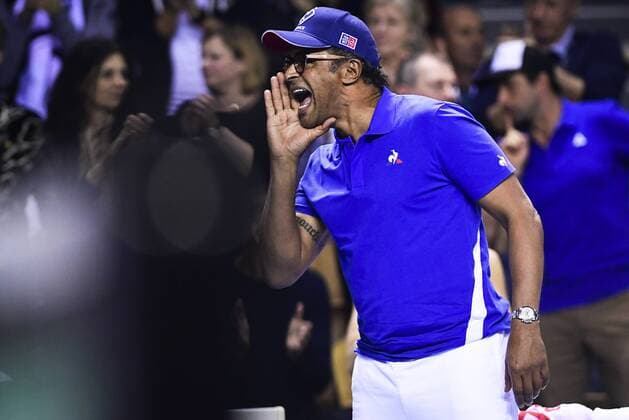 French Davis Cup captain Yannick Noah reacts during a tennis game between French Pauline Parmentier WTA Tennis Damen 91) and Belgian Elise Mertens (WTA 20), the first rubber of this weekend s Fed Cup World Group Round 1 meeting between France and Belgium in La Roche-sur-Yon, France, Saturday 10 February 2018. LAURIExDIEFFEMBACQ  x05293571x
