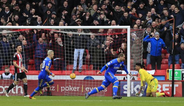 10th February 2018, Bramall Lane, Sheffield, England; EFL Championship football, Sheffield United versus Leeds United; Pierre-Michel Lasogga of Leeds United turns to celebrate scoring the equalising goal in the 46th minute making it 1-1  ActionPlus11983993