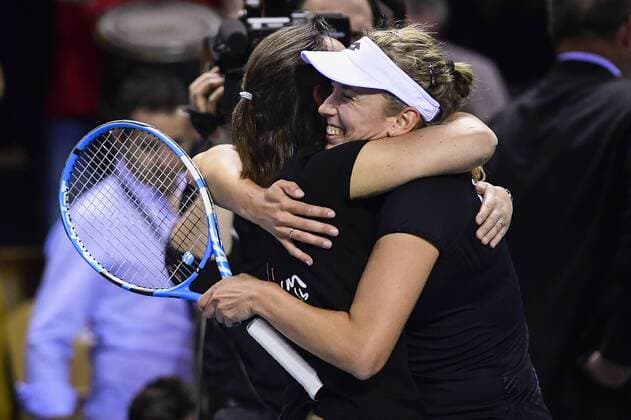 Belgium s coach Dominique Monami and Belgian Elise Mertens celebrate after winning a tennis game between French Pauline Parmentier WTA Tennis Damen 91) and Belgian Elise Mertens (WTA 20), the first rubber of this weekend s Fed Cup World Group Round 1 meeting between France and Belgium in La Roche-sur-Yon, France, Saturday 10 February 2018. LAURIExDIEFFEMBACQ  x05293577x