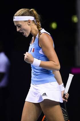 French Kristina Mladenovic celebrates during a tennis game between French Kristina Mladenovic WTA Tennis Damen 13) and Belgian Kirsten Flipkens (WTA 47), the second rubber of this weekend s Fed Cup World Group Round 1 meeting between France and Belgium in La Roche-sur-Yon, France, Saturday 10 February 2018. LAURIExDIEFFEMBACQ  x05293719x