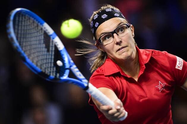 Belgian Kirsten Flipkens pictured in action during a tennis game between French Kristina Mladenovic WTA Tennis Damen 13) and Belgian Kirsten Flipkens (WTA 47), the second rubber of this weekend s Fed Cup World Group Round 1 meeting between France and Belgium in La Roche-sur-Yon, France, Saturday 10 February 2018. LAURIExDIEFFEMBACQ  x05293791x