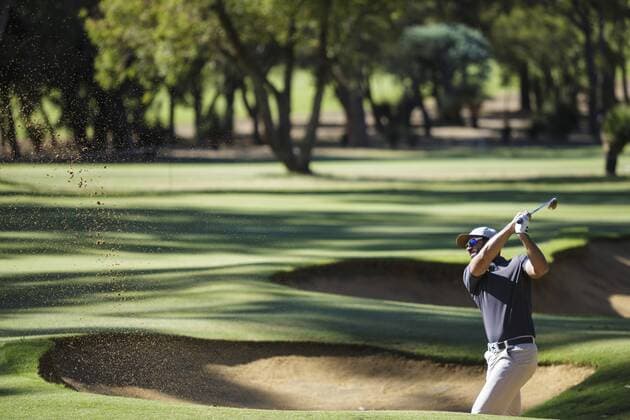 11th February 2018, Lake Karrinyup Country Club, Karrinyup, Australia; ISPS HANDA World Super 6 Perth golf, final round; James Nitties (AUS) plays out of the bunker onto the green  ActionPlus11985048