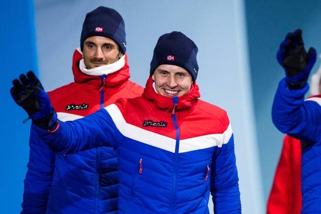 PyeongChang 2018, Skiathlon Herren, Siegerehrung 180211 Simen Hegstad Krüger, Gold and Hans Christer Holund, Bronze, of Norway, celebrates at the medal ceremony for the Men s Skiathlon during day two of the 2018 Winter Olympics on February 11, 2018 in Pyeongchang. Photo: Jon Olav Nesvold BILDBYRN kod JE 160153 Copyright: JONxOLAVxNESVOLD BB180211BB204