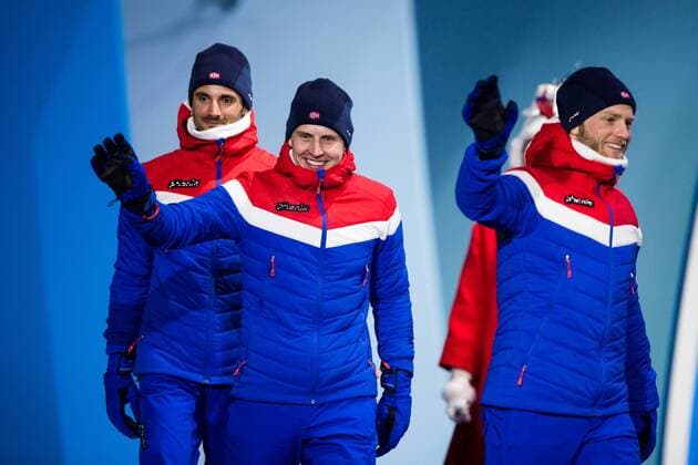 PyeongChang 2018, Skiathlon Herren, Siegerehrung 180211 Martin Johnsrud Sundby, Silver, Simen Hegstad Krüger, Gold and Hans Christer Holund, Bronze, of Norway, celebrates at the medal ceremony for the Men s Skiathlon during day two of the 2018 Winter Olympics on February 11, 2018 in Pyeongchang. Photo: Jon Olav Nesvold BILDBYRAN kod JE 160153 Copyright: JONxOLAVxNESVOLD BB180211BB205