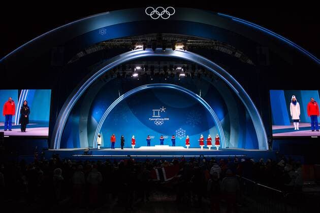 PyeongChang 2018, Skiathlon Herren, Siegerehrung 180211 Martin Johnsrud Sundby, Silver, Simen Hegstad Krüger, Gold and Hans Christer Holund, Bronze, of Norway, celebrates at the medal ceremony for the Men s Skiathlon during day two of the 2018 Winter Olympics on February 11, 2018 in Pyeongchang. Photo: Jon Olav Nesvold BILDBYRAN kod JE 160153 Copyright: JONxOLAVxNESVOLD BB180211BB206