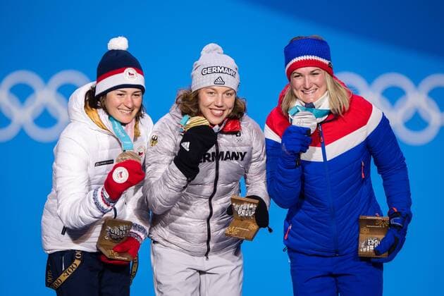 Themen der Woche - SPORT Bilder des Tages - SPORT 180211 Marte Olsbu of Norway, Silver, Laura Dahlmeier of Germany, Gold, and Veronika Vitkova of Czech Republic, Bronze, at the medal ceremony for the Women s Skiathlon during day two of the 2018 Winter Olympics on February 11, 2018 in Pyeongchang. Photo: Jon Olav Nesvold BILDBYRN kod JE 160153 *** 180211 Marte Olsbu of Norway Silver Laura Dahlmeier of Germany Gold and Veronika Vitkova of Czech Republic Bronze at the medal ceremony for the Women s 4 X 5 km relay during day two of the 2018 Winter Olympics on February 11 2018 in Pyeongchang Photo Jon Olav Nesvold BILDBYR n code JE 160153  Copyright: JONxOLAVxNESVOLD BB180211BB500
