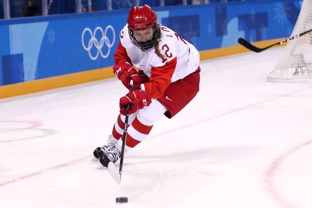 GANGNEUNG, SOUTH KOREA - FEBRUARY 11, 2018: Olympic Athlete from Russia Yekaterina Lobova in action in the women s preliminary round Group A Ice hockey Eishockey match against Canada at the 2018 Winter Olympic Games Olympische Spiele Olympia OS at Kwandong Hockey Centre. Valery Sharifulin TASS  TS0734F2