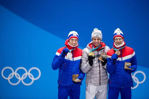 180211 Johann Andre Forfang of Norway, Silver, Andreas Wellinger of Germany, gold, and Robert Johansson of Norway, Bronze, at the medal ceremony for the Men s Ski jumping Skispringen Ski nordisch Normal Hill Individual during day two of the 2018 Winter Olympics on February 11, 2018 in Pyeongchang. Photo: Jon Olav Nesvold BILDBYRN kod JE 160153 Copyright: JONxOLAVxNESVOLD BB180211BB519