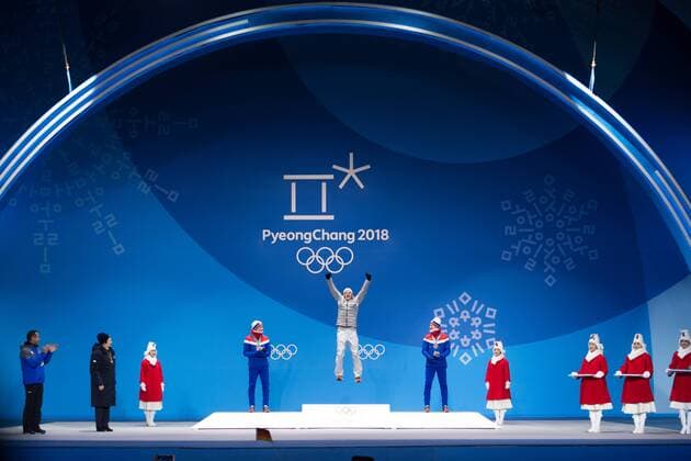 180211 Marte Olsbu of Norway, Silver, Laura Dahlmeier of Germany, Gold, and Veronika Vitkova of Czech Republic, Bronze, at the medal ceremony for the Women s Skiathlon during day two of the 2018 Winter Olympics on February 11, 2018 in Pyeongchang. Photo: Jon Olav Nesvold BILDBYRN kod JE 160153 Copyright: JONxOLAVxNESVOLD BB180211BB537