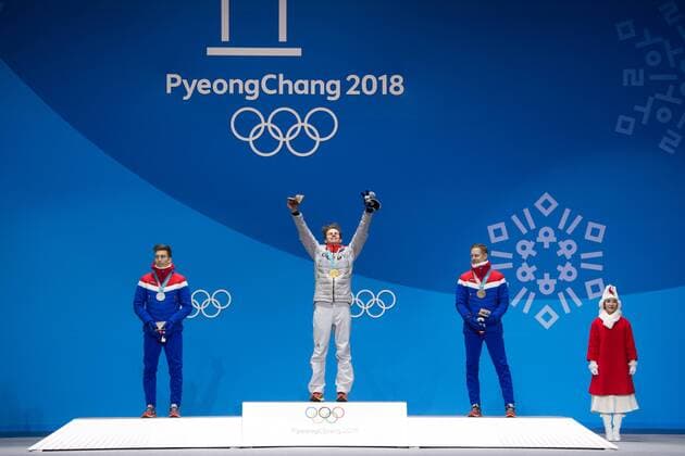 180211 Johann Andre Forfang of Norway, Silver, Andreas Wellinger of Germany, gold, and Robert Johansson of Norway, Bronze, at the medal ceremony for the Men s Ski jumping Skispringen Ski nordisch Normal Hill Individual during day two of the 2018 Winter Olympics on February 11, 2018 in Pyeongchang. Photo: Jon Olav Nesvold BILDBYRN kod JE 160153 Copyright: JONxOLAVxNESVOLD BB180211BB542