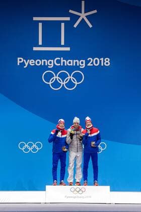 180211 Johann Andre Forfang of Norway, Silver, Andreas Wellinger of Germany, gold, and Robert Johansson of Norway, Bronze, at the medal ceremony for the Men s Ski jumping Skispringen Ski nordisch Normal Hill Individual during day two of the 2018 Winter Olympics on February 11, 2018 in Pyeongchang. Photo: Jon Olav Nesvold BILDBYRN kod JE 160153 Copyright: JONxOLAVxNESVOLD BB180211BB543