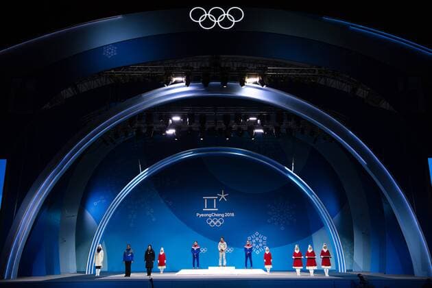 180211 Johann Andre Forfang of Norway, Silver, Andreas Wellinger of Germany, gold, and Robert Johansson of Norway, Bronze, at the medal ceremony for the Men s Ski jumping Skispringen Ski nordisch Normal Hill Individual during day two of the 2018 Winter Olympics on February 11, 2018 in Pyeongchang. Photo: Jon Olav Nesvold BILDBYRN kod JE 160153 Copyright: JONxOLAVxNESVOLD BB180211BB548