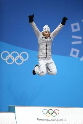 Laura Dahlmeier, GER, during victory ceremony of biathlon 7.5 km sprint at the 2018 Olympic Games Olympische Spiele Olympia OS in Pyeongchang; 11 02 2018 -