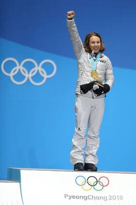 Laura Dahlmeier, GER, during victory ceremony of biathlon 7.5 km sprint at the 2018 Olympic Games Olympische Spiele Olympia OS in Pyeongchang; 11 02 2018 -