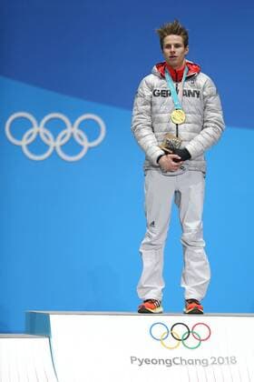 Andreas Wellinger, GER, during victory ceremony of Ski jumping Skispringen Ski nordisch at the 2018 Olympic Games Olympische Spiele Olympia OS in Pyeongchang; 11 02 2018 -