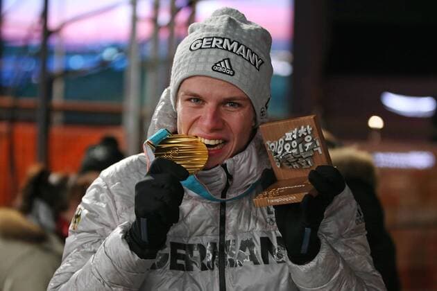 Andreas Wellinger, GER, during victory ceremony of Ski jumping Skispringen Ski nordisch at the 2018 Olympic Games Olympische Spiele Olympia OS in Pyeongchang; 11 02 2018 -