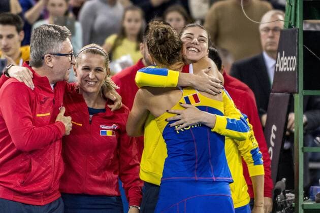 February 11, 2018: Left to Right: Florin Segarceanu the team captain of Romania, Irina Begu (ROU) and Sorana Cirstea (ROU) during the FED Cup by BNP 2018 game between Romania and Canada at Sala Polivalenta, Cluj-Napoca, Romania ROU. Copyright: Cronos Catalin Soare  Copyright: xCronos CatalinxSoarex crfcs11022018118611