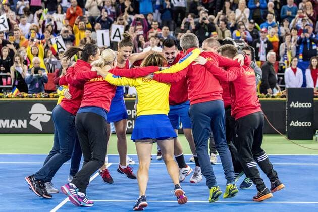 February 11, 2018: Romanian team celebrating the win against Canada during the FED Cup by BNP 2018 game between Romania and Canada at Sala Polivalenta, Cluj-Napoca, Romania ROU. Copyright: Cronos Catalin Soare  Copyright: xCronos CatalinxSoarex crfcs11022018118619