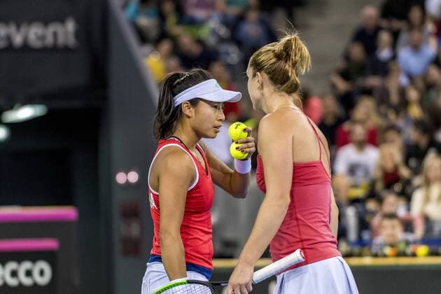 February 11, 2018: Carol Zhao (CAN) and Gabriela Dabrowski (CAN) during the FED Cup by BNP 2018 game between Romania and Canada at Sala Polivalenta, Cluj-Napoca, Romania ROU. Copyright: Cronos Catalin Soare  Copyright: xCronos CatalinxSoarex crfcs11022018118638
