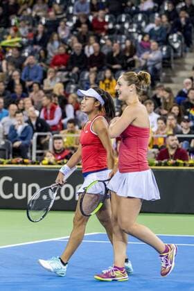 February 11, 2018: Carol Zhao (CAN) and Gabriela Dabrowski (CAN) during the FED Cup by BNP 2018 game between Romania and Canada at Sala Polivalenta, Cluj-Napoca, Romania ROU. Copyright: Cronos Catalin Soare  Copyright: xCronos CatalinxSoarex crfcs11022018118698