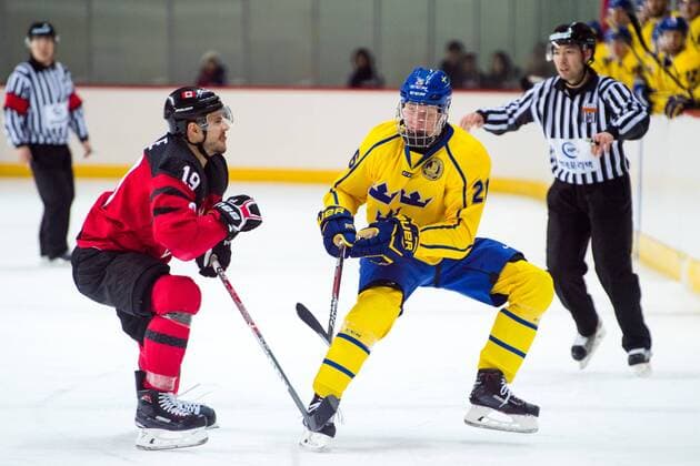 180212 Gilbert Brule of Canada and Rasmus Dahlin of Sweden during the Men s Ice hockey Eishockey International Friendly Länderspiel match between Sweden and Canada during day three of the 2018 Winter Olympics on February 12, 2018 in Incheon. Photo: Petter Arvidson BILDBYRAN kod PA 91961 Copyright: PETTERxARVIDSON BB180212PA086