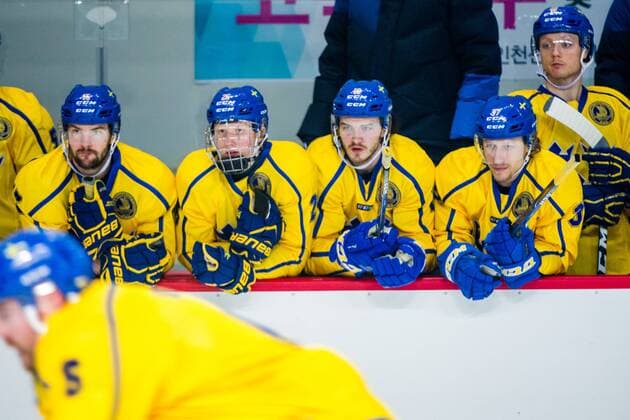 180212 Simon Bertilsson, Rasmus Dahlin Dennis Everberg and John Norman of Sweden during the Men s Ice hockey Eishockey International Friendly Länderspiel match between Sweden and Canada during day three of the 2018 Winter Olympics on February 12, 2018 in Incheon. Photo: Petter Arvidson BILDBYRN kod PA 91961 Copyright: PETTERxARVIDSON BB180212PA098