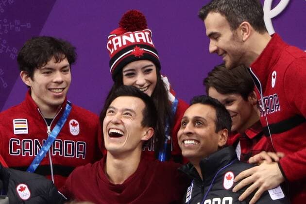 GANGNEUNG, SOUTH KOREA â€“ FEBRUARY 12, 2018: Figure skater Patrick Chan of Canada waits for the score after performing the men s free skating event as part of the Figure skating Eiskunstlauf team event at the 2018 Winter Olympic Games Olympische Spiele Olympia OS at the Gangneung Ice Arena. Pictured back are Eric Radford, Meagan Duhamel, and Kaetlyn Osmond. Valery Sharifulin TASS  TS07363D