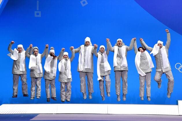 Members of the Olympic Athletes from Russia Figure skating Eiskunstlauf Ice Dance Team celebrate as they win bronze during their medal ceremony at the Pyeongchang 2018 Winter Olympics at the Pyeongchang Medals Plaza in Pyeongchang, South Korea, on February 12, 2018.  OLY20180212326 KEVINxDIETSCH