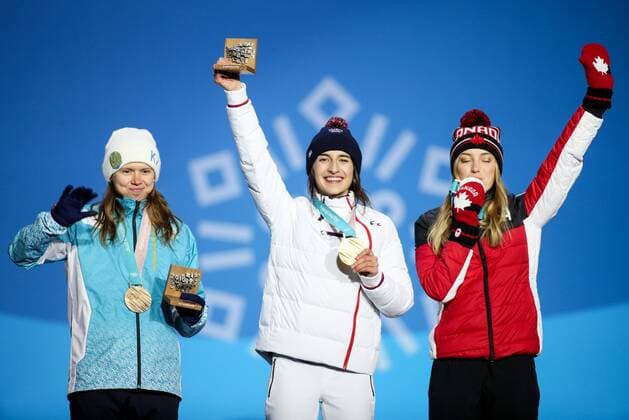 OLYMPICS - 2018 Winter Olympics PYEONGCHANG,SOUTH KOREA,12.FEB.18 - OLYMPICS, FREE SKI, FREESTYLE SKIING - Olympic Winter games Winterspiele Spiele Summer games PyeongChang 2018, Medals Plaza, Moguls, ladies, award ceremony. Image shows Justine Dufour-Lapointe (CAN), Perrine Laffont (FRA) and Yulia Galysheva (KAZ). Keywords: medals. GEPAxpictures xMaticxKlansek