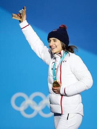 OLYMPICS - 2018 Winter Olympics PYEONGCHANG,SOUTH KOREA,12.FEB.18 - OLYMPICS, FREE SKI, FREESTYLE SKIING - Olympic Winter games Winterspiele Spiele Summer games PyeongChang 2018, Medals Plaza, Moguls, ladies, award ceremony. Image shows the rejoicing of Perrine Laffont (FRA). Keywords: medal. GEPAxpictures xMaticxKlansek