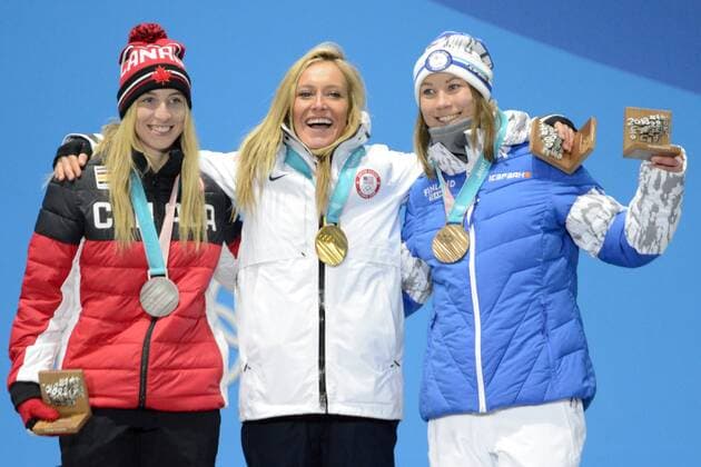February 12, 2018 - Pyeongchang, South Korea - LAURIE BLOUIN of Canada , JAMIE ANDERSON of the Unites States and ENNI RUKAJARVI of Finland with their medals from the snowboard Ladies Slopestyle event in the PyeongChang Olympic Games Olympische Spiele Olympia OS PyeongChang 18: Snowboard Women - ZUMAl132 20180212_zap_l132_004 Copyright: xChristopherxLevyx