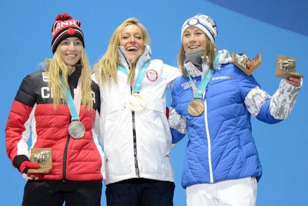 February 12, 2018 - Pyeongchang, South Korea - LAURIE BLOUIN of Canada , JAMIE ANDERSON of the Unites States and ENNI RUKAJARVI of Finland with their medals from the snowboard Ladies Slopestyle event in the PyeongChang Olympic Games Olympische Spiele Olympia OS PyeongChang 18: Snowboard Women - ZUMAl132 20180212_zap_l132_009 Copyright: xChristopherxLevyx