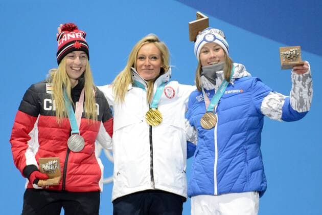 February 12, 2018 - Pyeongchang, South Korea - LAURIE BLOUIN of Canada , JAMIE ANDERSON of the Unites States and ENNI RUKAJARVI of Finland with their medals from the snowboard Ladies Slopestyle event in the PyeongChang Olympic Games Olympische Spiele Olympia OS PyeongChang 18: Snowboard Women - ZUMAl132 20180212_zap_l132_012 Copyright: xChristopherxLevyx