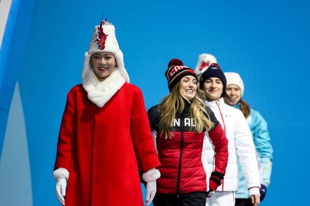 OLYMPICS - 2018 Winter Olympics PYEONGCHANG,SOUTH KOREA,12.FEB.18 - OLYMPICS, FREE SKI, FREESTYLE SKIING - Olympic Winter games Winterspiele Spiele Summer games PyeongChang 2018, Medals Plaza, Moguls, ladies, award ceremony. Image shows Justine Dufour-Lapointe (CAN), Perrine Laffont (FRA) and Yulia Galysheva (KAZ). GEPAxpictures xMaticxKlansek