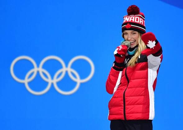 Silver medalist Canada s Justine Dufour-Lapointe celebrates during the medal ceremony for Ladies Moguls during the Pyeongchang 2018 Winter Olympics in Pyeongchang, South Korea, on February 12, 2018.  OLY20180212348 KEVINxDIETSCH