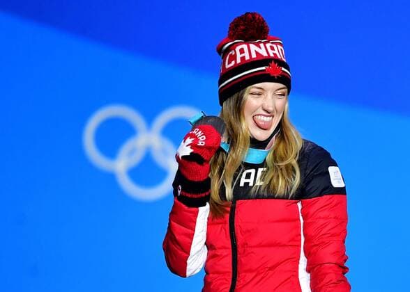 Silver medalist Canada s Justine Dufour-Lapointe celebrates during the medal ceremony for Ladies Moguls during the Pyeongchang 2018 Winter Olympics in Pyeongchang, South Korea, on February 12, 2018.  OLY20180212357 KEVINxDIETSCH